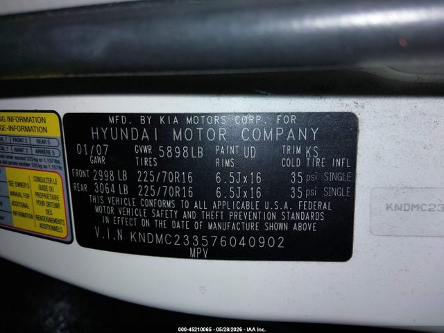 2007 Hyundai Entourage Gls/limited/se მანქანა იყიდება აუქციონზე, vin: KNDMC233576040902, აუქციონის ნომერი: 45210065