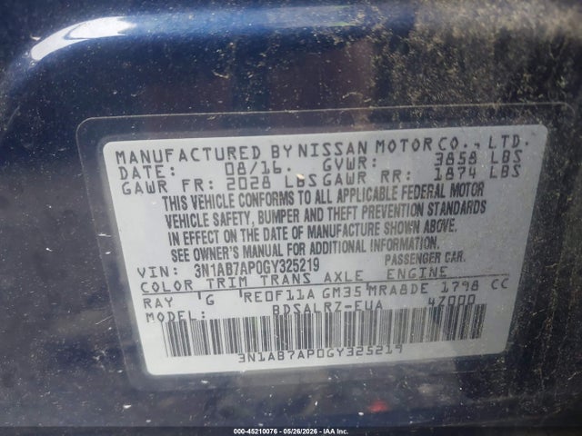 Aukcja sprzedaży 2016 Nissan Sentra Sr, vin: 3N1AB7AP0GY325219, numer aukcji: 45210076