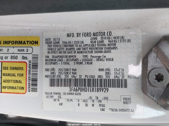 45210077 :رقم المزاد ، 3FA6P0HD1ER189929 vin ، 2014 Ford Fusion Se مزاد بيع