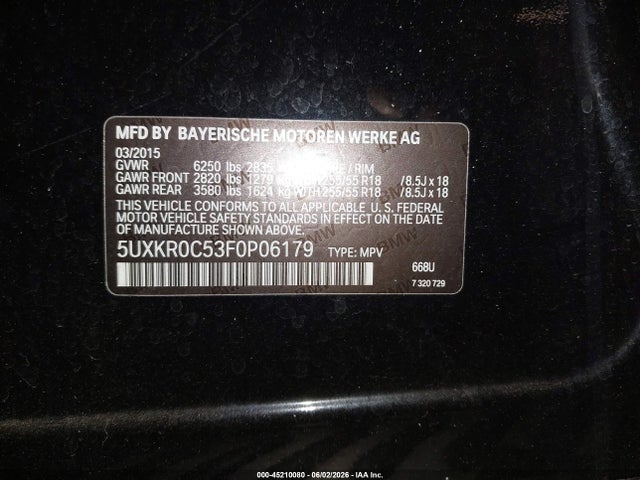 Продаж на аукціоні авто 2015 Bmw X5 Xdrive35i, vin: 5UXKR0C53F0P06179, номер лоту: 45210080