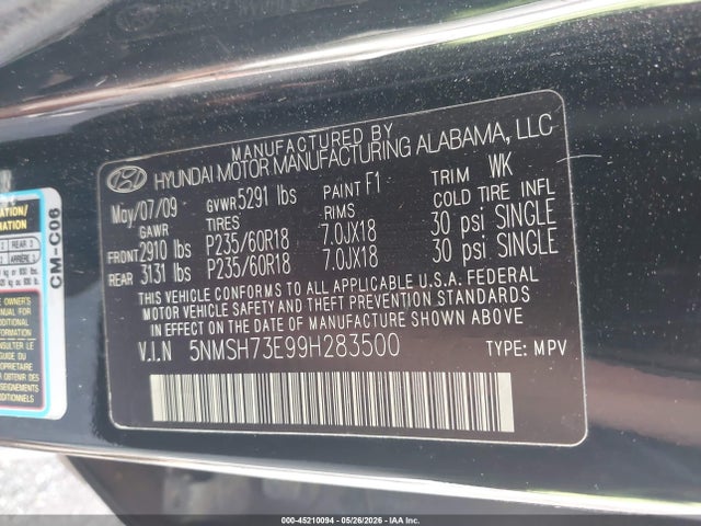 Aukcja sprzedaży 2009 Hyundai Santa Fe Limited, vin: 5NMSH73E99H283500, numer aukcji: 45210094