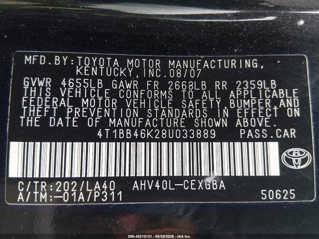 45210121 :رقم المزاد ، 4T1BB46K28U033889 vin ، 2008 Toyota Camry Hybrid مزاد بيع