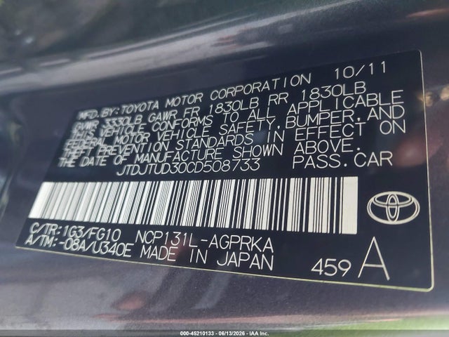 Продажа на аукционе авто 2012 Toyota Yaris Le, vin: JTDJTUD30CD508733, номер лота: 45210133