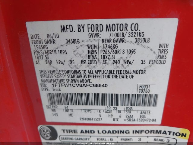 Aukcja sprzedaży 2010 Ford F-150 Fx2 Sport/harley-davidson/king Ranch/lariat/platinum/xl/xlt, vin: 1FTFW1CV8AFC68640, numer aukcji: 45210134