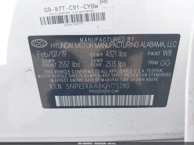 Aukcja sprzedaży 2019 Hyundai Sonata Eco, vin: 5NPE24AA8KH775280, numer aukcji: 45210137
