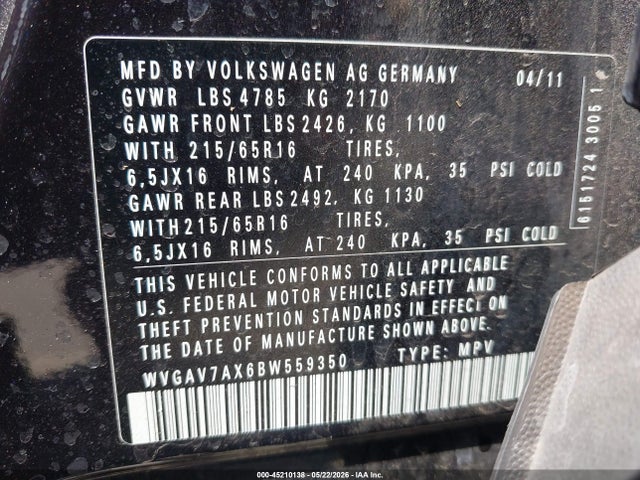 45210138 :رقم المزاد ، WVGAV7AX6BW559350 vin ، 2011 Volkswagen Tiguan S مزاد بيع