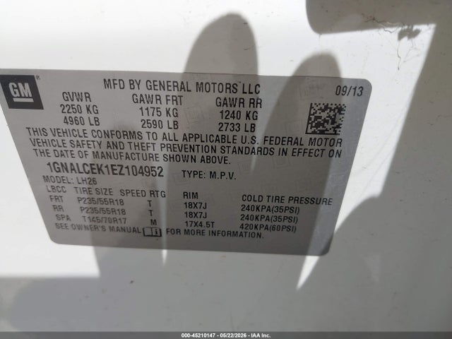 Aukcja sprzedaży 2014 Chevrolet Equinox 2lt, vin: 1GNALCEK1EZ104952, numer aukcji: 45210147
