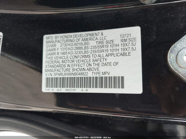 Aukcja sprzedaży 2022 Honda Odyssey Elite, vin: 5FNRL6H99NB048822, numer aukcji: 45210151