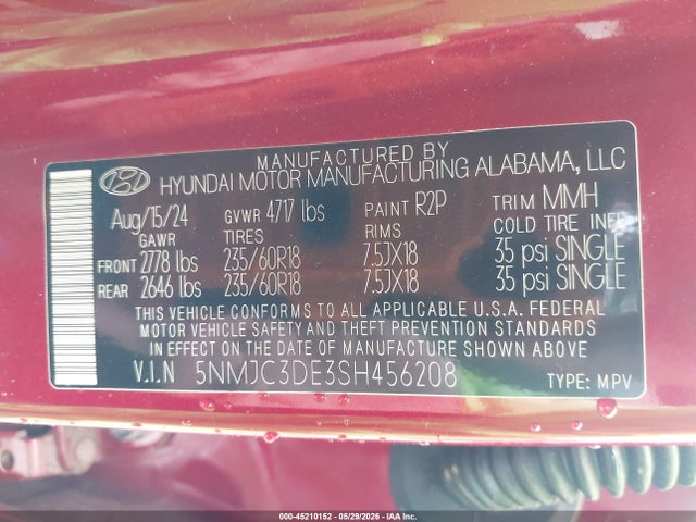 2025 Hyundai Tucson Sel Convenience მანქანა იყიდება აუქციონზე, vin: 5NMJC3DE3SH456208, აუქციონის ნომერი: 45210152