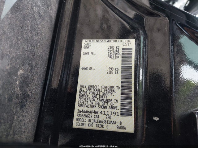 Aukcja sprzedaży 2017 Nissan Maxima 3.5 Sl, vin: 1N4AA6AP4HC411191, numer aukcji: 45210154