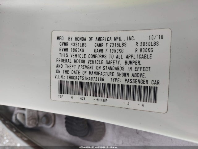 Продажа на аукционе авто 2017 Honda Accord Sport, vin: 1HGCR2F51HA072186, номер лота: 45210162