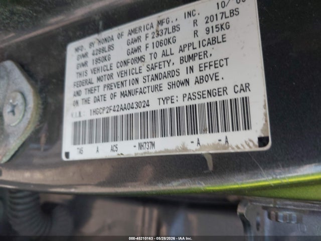 Aukcja sprzedaży 2010 Honda Accord 2.4 Lx-p, vin: 1HGCP2F42AA043024, numer aukcji: 45210163