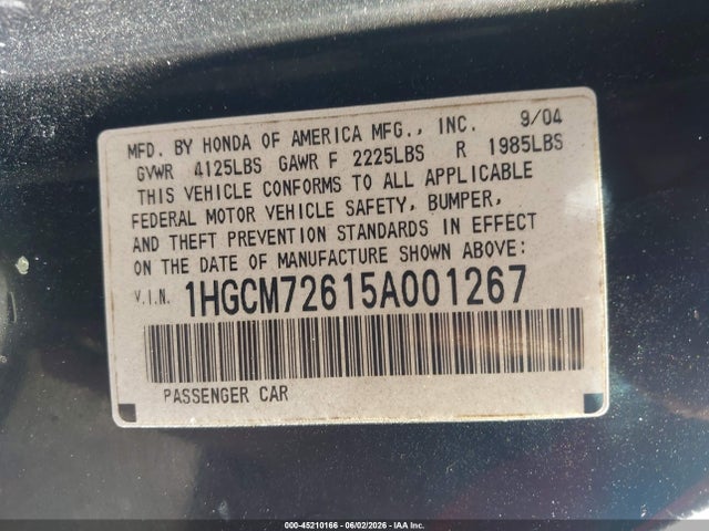 Aukcja sprzedaży 2005 Honda Accord 2.4 Ex, vin: 1HGCM72615A001267, numer aukcji: 45210166