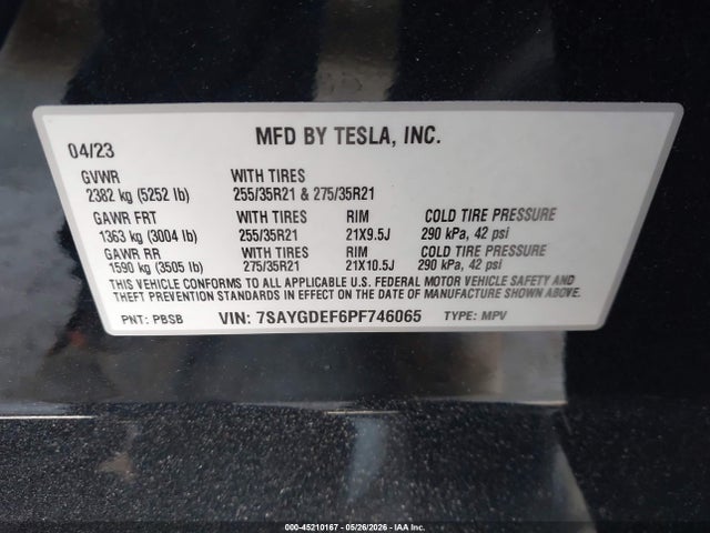2023 Tesla Model Y Performance Dual Motor All-wheel Drive მანქანა იყიდება აუქციონზე, vin: 7SAYGDEF6PF746065, აუქციონის ნომერი: 45210167