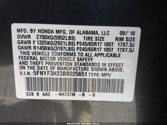 2011 Honda Pilot Lx მანქანა იყიდება აუქციონზე, vin: 5FNYF3H23BB025651, აუქციონის ნომერი: 45210168