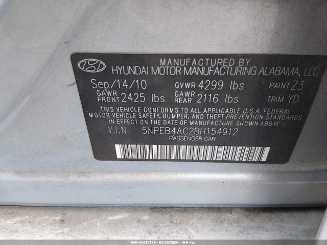 2011 Hyundai Sonata Gls მანქანა იყიდება აუქციონზე, vin: 5NPEB4AC2BH154912, აუქციონის ნომერი: 45210176