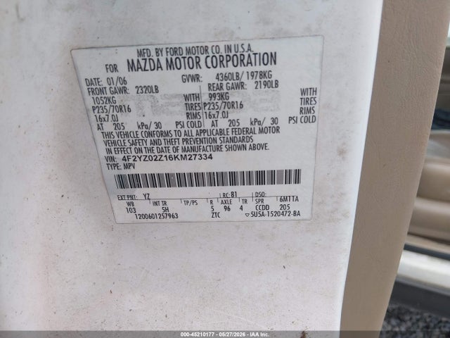 Aukcja sprzedaży 2006 Mazda Tribute I, vin: 4F2YZ02Z16KM27334, numer aukcji: 45210177