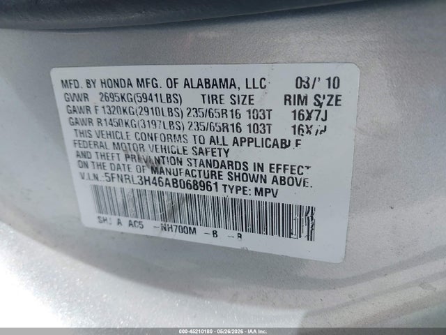 Aukcja sprzedaży 2006 Honda Odyssey Ex-l, vin: 5FNRL38666B442963, numer aukcji: 45210180