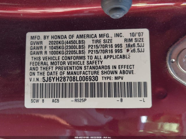 Продажа на аукционе авто 2008 Honda Element Ex, vin: 5J6YH28708L006930, номер лота: 45210188