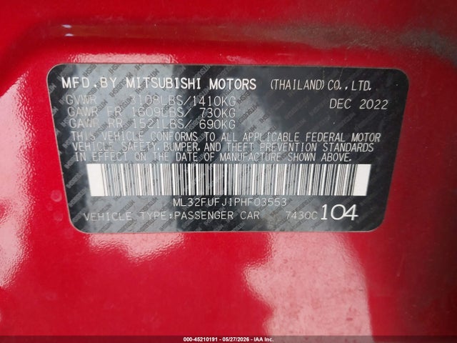 45210191 :رقم المزاد ، ML32FUFJ1PHF03553 vin ، 2023 Mitsubishi Mirage G4 Black Edition/es/le مزاد بيع