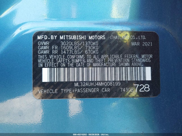 Продажа на аукционе авто 2021 Mitsubishi Mirage Carbonite Edition/es/le, vin: ML32AUHJ4MH008199, номер лота: 45210202