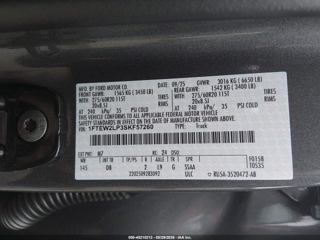 2025 Ford F-150 Stx მანქანა იყიდება აუქციონზე, vin: 1FTEW2LP3SKF57260, აუქციონის ნომერი: 45210212