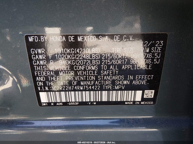 45210219 :رقم المزاد ، 3CZRZ2H74RM754422 vin ، 2024 Honda Hr-v Awd Ex-l/awd Ex-l W/o Bsi مزاد بيع