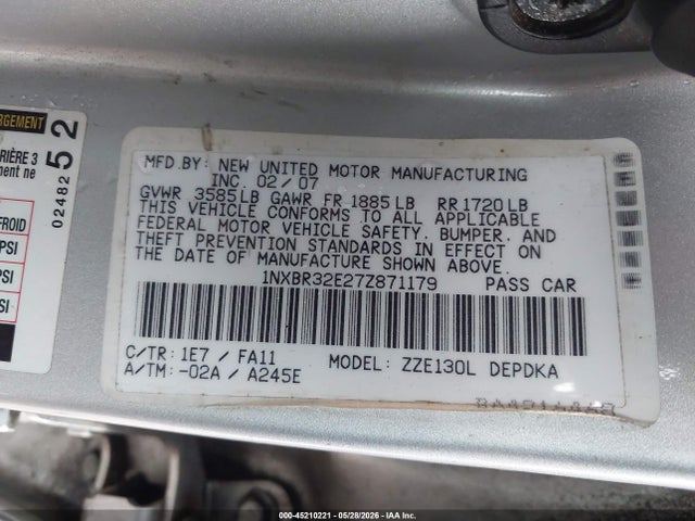 2007 Toyota Corolla Ce მანქანა იყიდება აუქციონზე, vin: 1NXBR32E27Z871179, აუქციონის ნომერი: 45210221