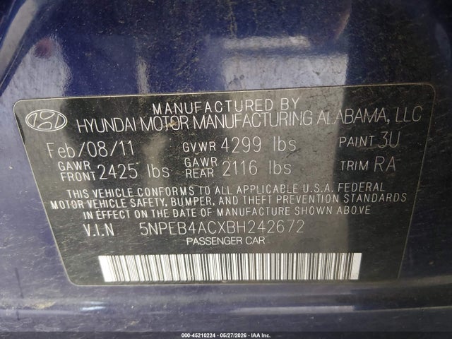 2011 Hyundai Sonata Gls მანქანა იყიდება აუქციონზე, vin: 5NPEB4ACXBH242672, აუქციონის ნომერი: 45210224