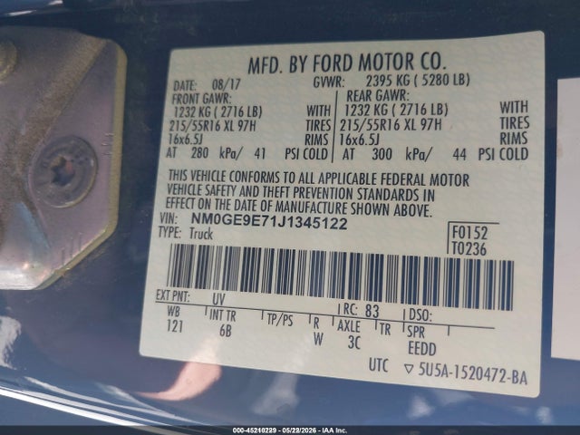 Продажа на аукционе авто 2018 Ford Transit Connect Xl, vin: NM0GE9E71J1345122, номер лота: 45210229