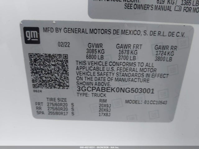 Aukcja sprzedaży 2022 Chevrolet Silverado 1500 2wd  Short Bed Custom, vin: 3GCPABEK0NG503001, numer aukcji: 45210231