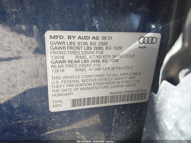 Aukcja sprzedaży 2022 Audi Q3 Premium Plus 45 Tfsi S Line Quattro Tiptronic, vin: WA1EECF3XN1027244, numer aukcji: 45210235