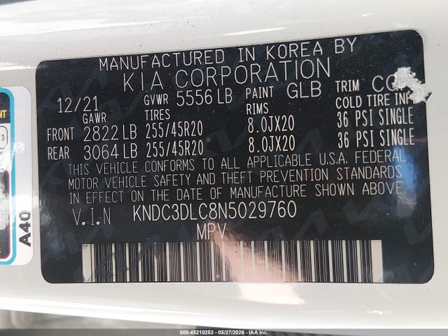 45210253 :رقم المزاد ، KNDC3DLC8N5029760 vin ، 2022 Kia Ev6 Gt-line مزاد بيع