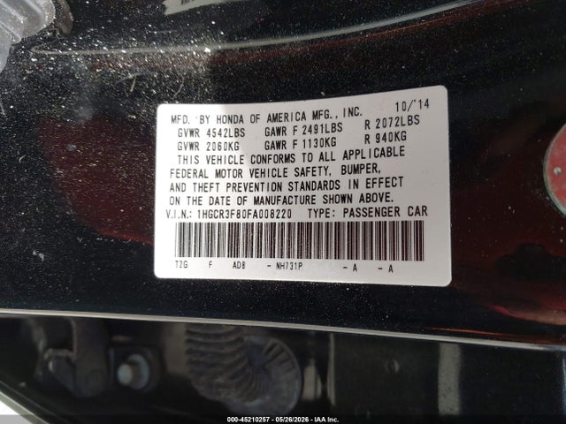 2015 Honda Accord Ex-l V-6 მანქანა იყიდება აუქციონზე, vin: 1HGCR3F80FA008220, აუქციონის ნომერი: 45210257