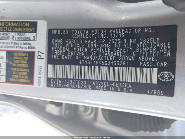 45210258 :رقم المزاد ، 4T1BF1FK5GU156281 vin ، 2016 Toyota Camry Se مزاد بيع
