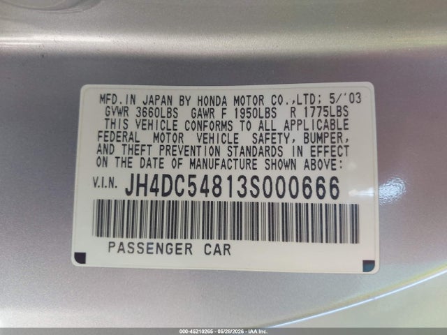 2003 Acura Rsx მანქანა იყიდება აუქციონზე, vin: JH4DC54813S000666, აუქციონის ნომერი: 45210265
