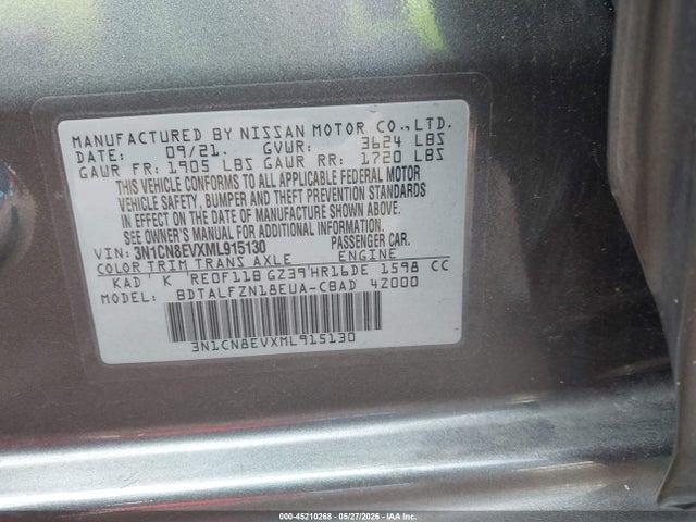 Aukcja sprzedaży 2021 Nissan Versa Sv Xtronic Cvt, vin: 3N1CN8EVXML915130, numer aukcji: 45210268