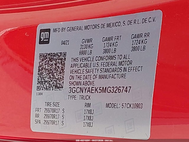 3GCNYAEK5MG326747 Chevrolet Silverado 1500 4wd Long Bed Wt