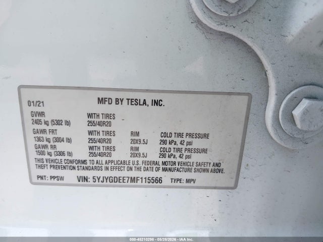 Aukcja sprzedaży 2021 Tesla Model Y Long Range Dual Motor All-wheel Drive, vin: 5YJYGDEE7MF115566, numer aukcji: 45210298