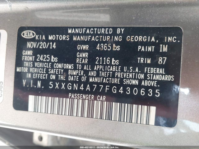 2015 Kia Optima Ex მანქანა იყიდება აუქციონზე, vin: 5XXGN4A77FG430635, აუქციონის ნომერი: 45210311