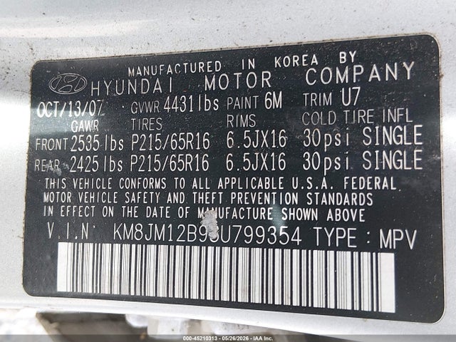 2008 Hyundai Tucson Gls მანქანა იყიდება აუქციონზე, vin: KM8JM12B98U799354, აუქციონის ნომერი: 45210313