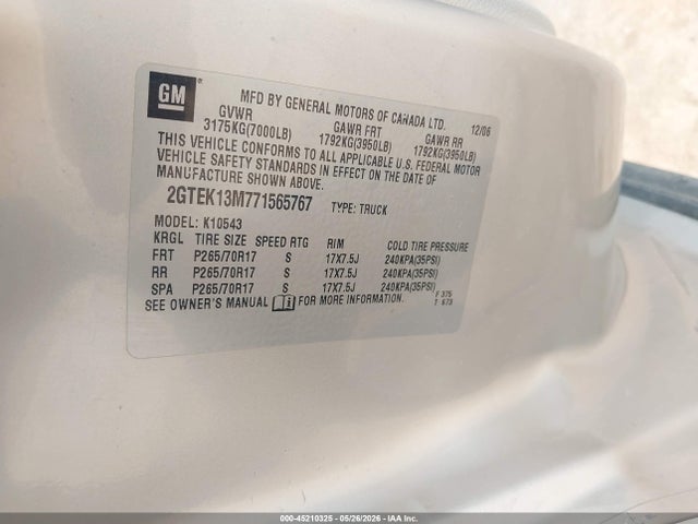 Aukcja sprzedaży 2007 Gmc Sierra 1500 Sle1, vin: 2GTEK13M771565767, numer aukcji: 45210325