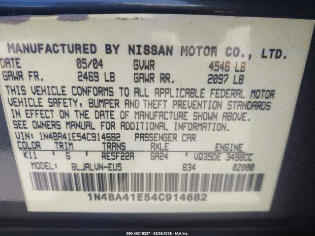 Aukcja sprzedaży 2004 Nissan Maxima 3.5 Se, vin: 1N4BA41E54C914682, numer aukcji: 45210337