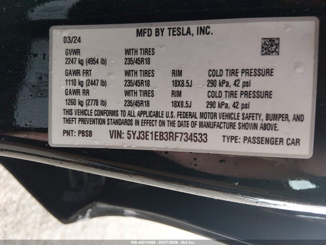 Tesla Model 3 Long Range Dual Motor All-wheel Drive 2024 5YJ3E1EB3RF734533 Image 9
