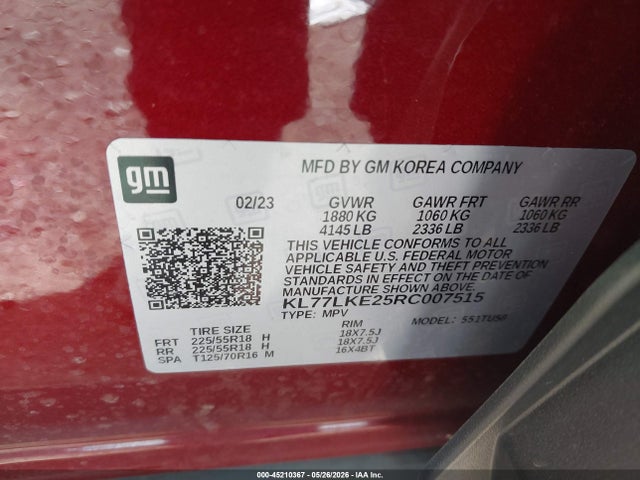45210367 :رقم المزاد ، KL77LKE25RC007515 vin ، 2024 Chevrolet Trax Fwd Activ مزاد بيع