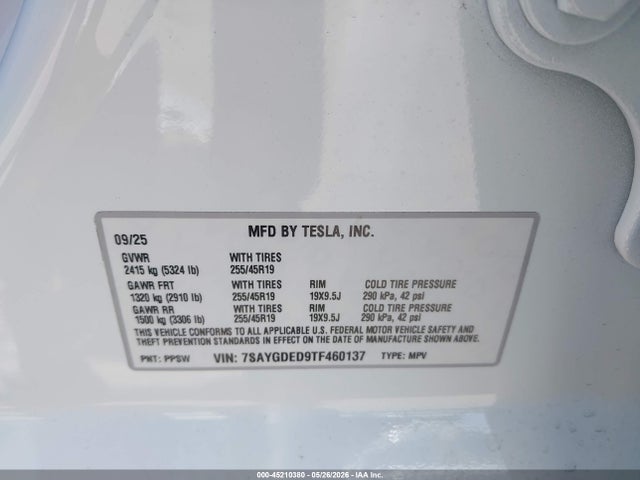 Продажа на аукционе авто 2026 Tesla Model Y Premium Rear-wheel Drive/rear-wheel Drive, vin: 7SAYGDED9TF460137, номер лота: 45210380