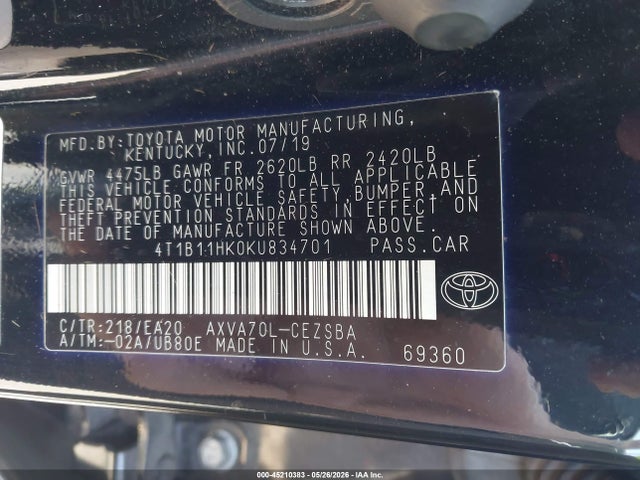 2019 Toyota Camry Se მანქანა იყიდება აუქციონზე, vin: 4T1B11HK0KU834701, აუქციონის ნომერი: 45210383
