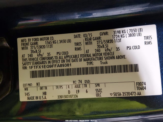 45210385 :رقم المزاد ، 1FTFX1EG9FFA89381 vin ، 2015 Ford F-150 Lariat مزاد بيع