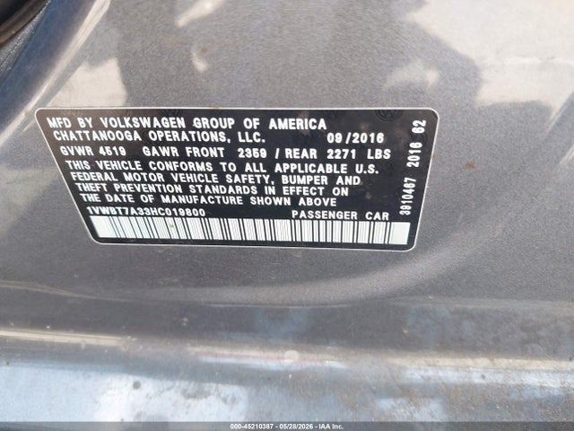 2017 Volkswagen Passat 1.8t Se მანქანა იყიდება აუქციონზე, vin: 1VWBT7A33HC019800, აუქციონის ნომერი: 45210387