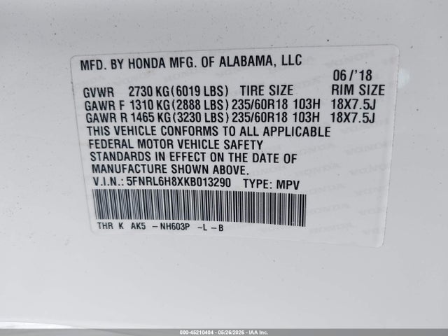 5FNRL6H8XKB013290 Honda Odyssey Touring